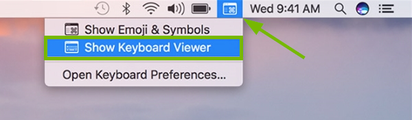 Keyboard icon pointed out in macOS menu bar and Show Keyboard Viewer option highlighted in menu.