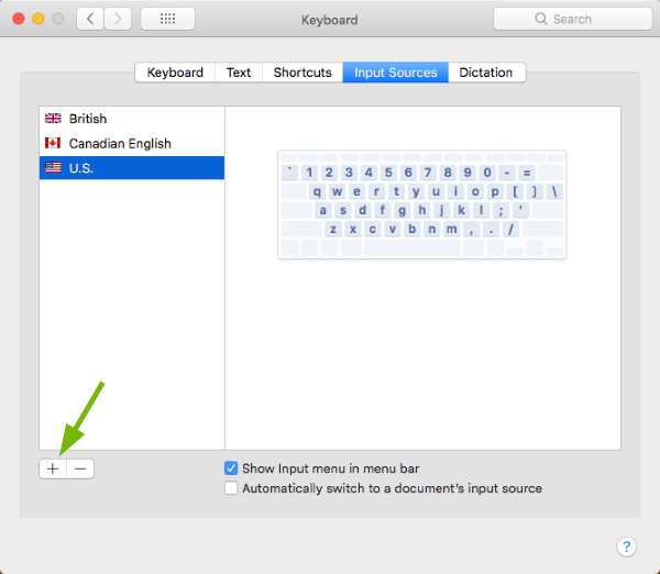 Plus sign pointed out in Keyboard Preferences in macOS.