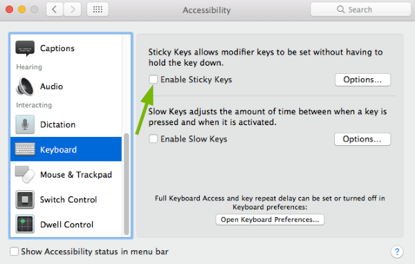 Enable Sticky Keys toggle box pointed out in Accessibility Preferences in macOS.