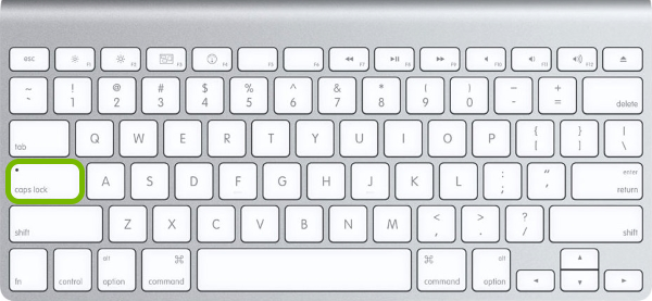 Caps Lock key highlighted on Mac keyboard.