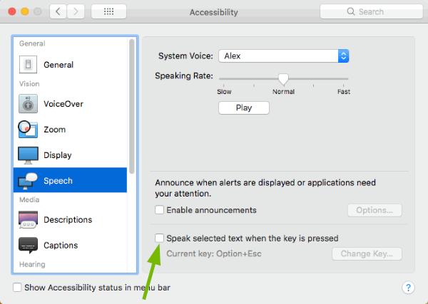 Text-to-Speech toggle box pointed out in Accessibility Preferences in macOS.