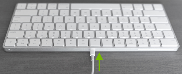 Lightning cable being plugged into Magic Keyboard.