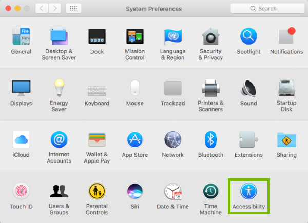Accessibility highlighted in macOS System Preferences.