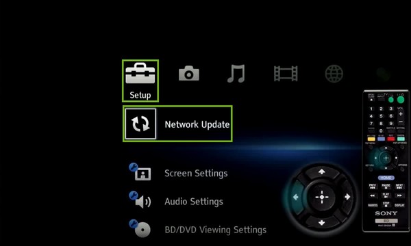 Home screen with setup and network update highlighted.