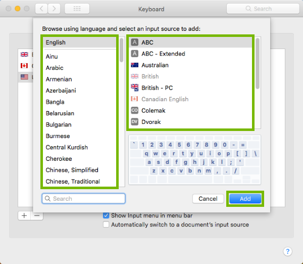 Left & right panes and Add button highlighted in keyboard layout selection window.