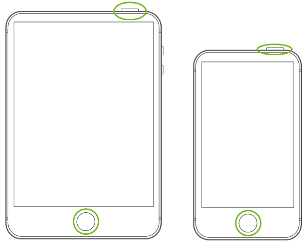 iPad and iPod with top and home buttons highlighted. Screenshot