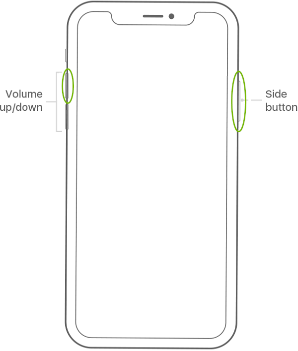 iPhone X with side and volume up button highlighted. Screenshot