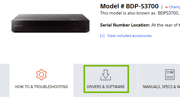 Sony website with drivers and software highlighted.