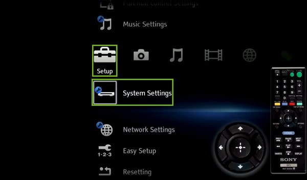 Blu-ray player home screen with settings and system settings highlighted.