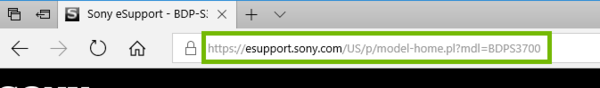 Browser address bar showing Sony URL.