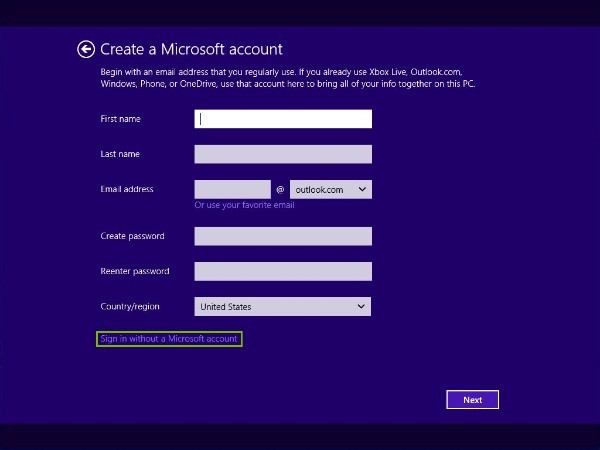 Sign in without a Microsoft account highlighted