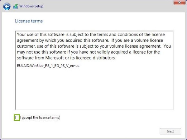 License and Terms box highlighted
