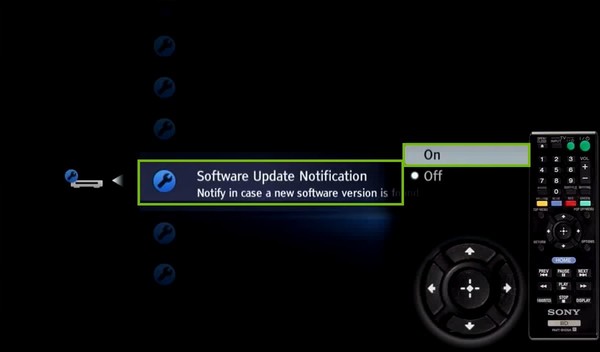 System settings with software update notification and on highlighted.