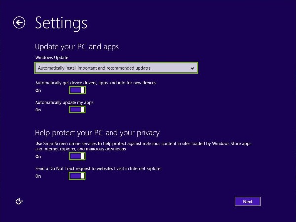 Windows update and Privacy preferences highlighted