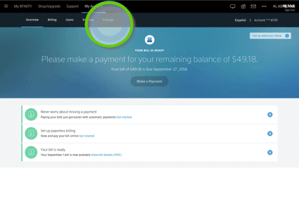 Xfinity website with settings circled