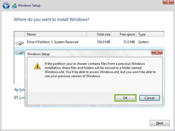 OK button highlighted