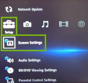 Blu-Ray player menu with Setup and Screen Settings highlighted.