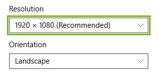 Resolution drop down menu highlighted