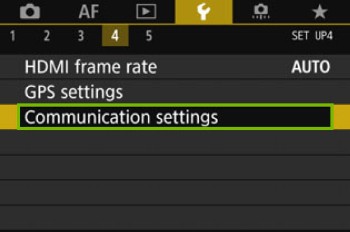 camera screen with communication settings highlighted