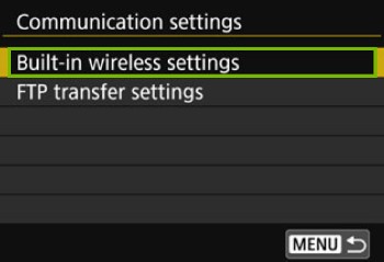 camera screen with built in wireless settings highlighted