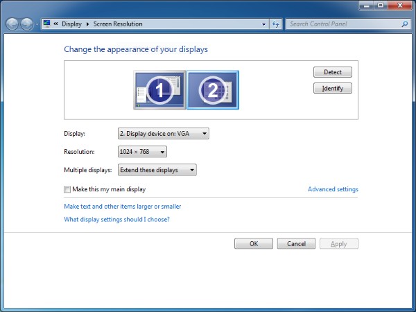 Screen Resolution settings page