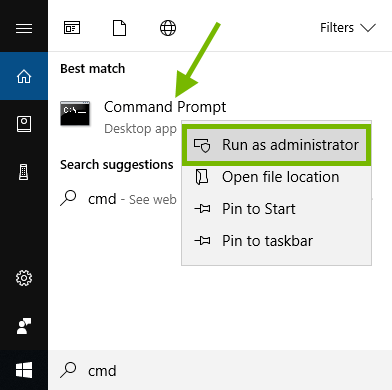 Command Prompt pointed out in search results and Run as administrator highlighted in context menu.