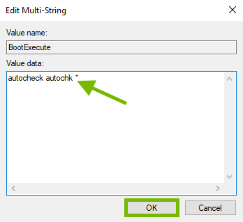 Value Data text pointed out and OK highlighted in registry value editing box.
