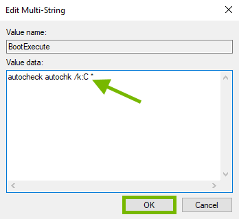 Value Data text pointed out and OK highlighted in registry value editing box.
