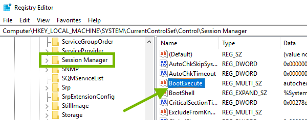 Session Manager subkey highlighted and BootExecute value pointed out in Registry Editor.