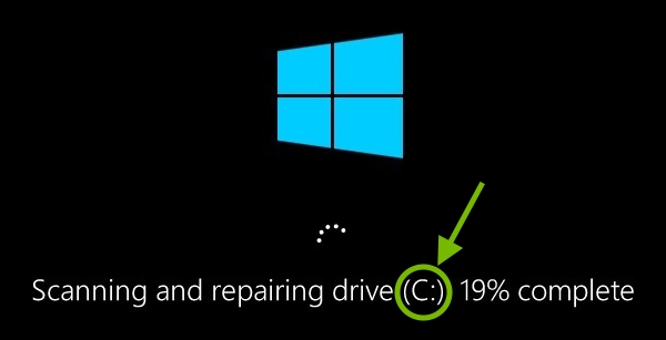 Drive letter highlighted and pointed out on startup Chkdsk screen.