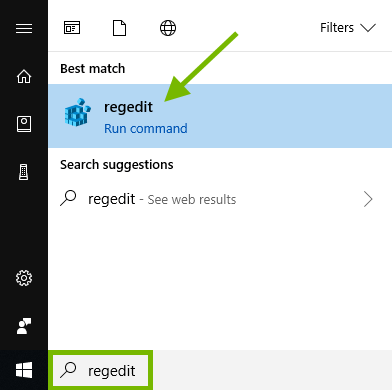 regedit keyword highlighted in Windows 10 search box and result pointed out.