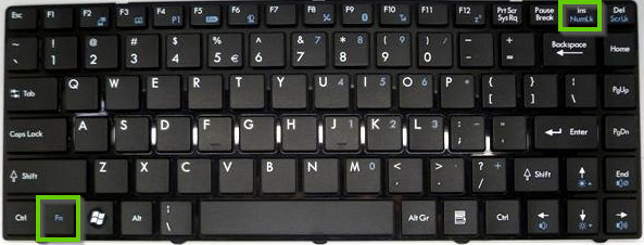 Keyboard showing the FN and num lock keys circled