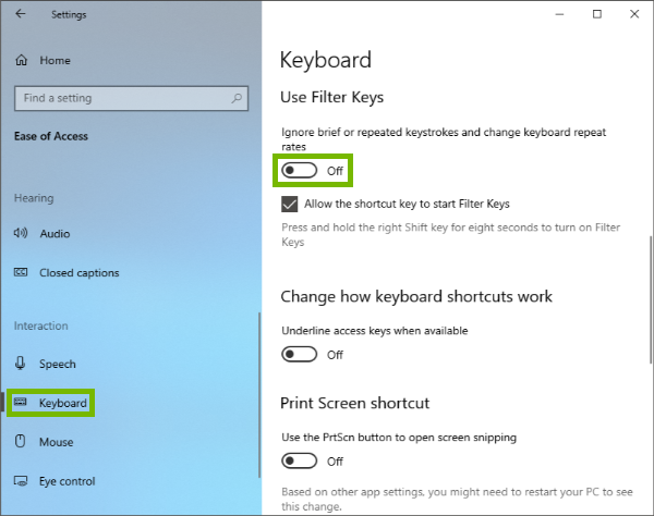 Keyboard menu and Filter Keys toggle