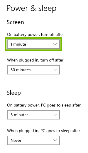 Screen off on battery timer