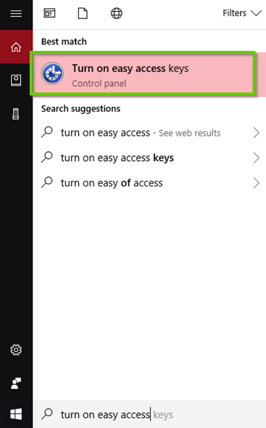 Windows 10 search results for turn on easy access keys