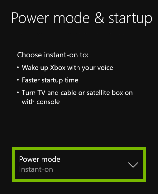 Power Mode option highlighted in Xbox One settings.
