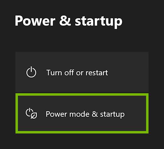 Power mode & startup option highlighted in Xbox settings.