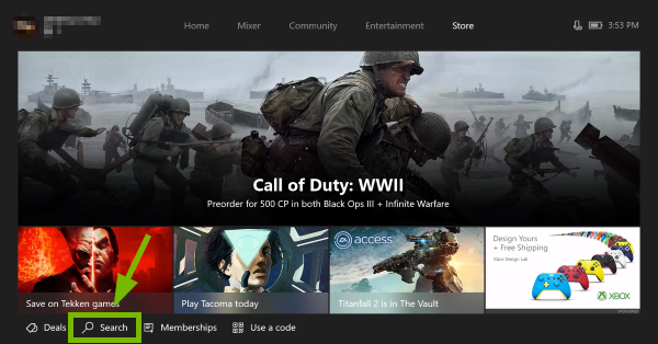 Search option highlighted in Xbox One Store.