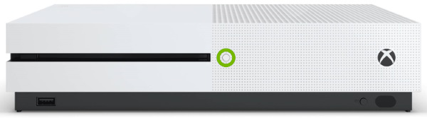 Eject button highlighted on front panel of Xbox One S.