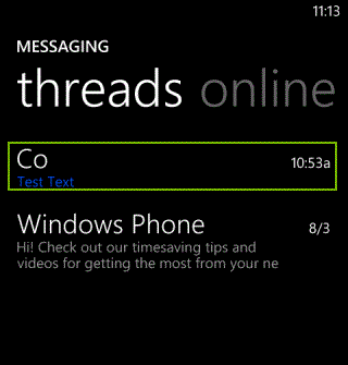 Windows messaging with a conversation highlighted. Screenshot
