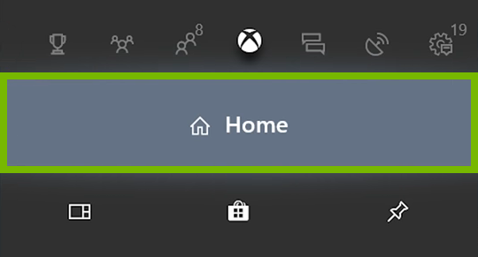 Home option highlighted in Xbox One menu.