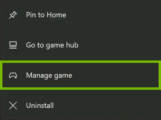 Manage game option highlighted in context menu.
