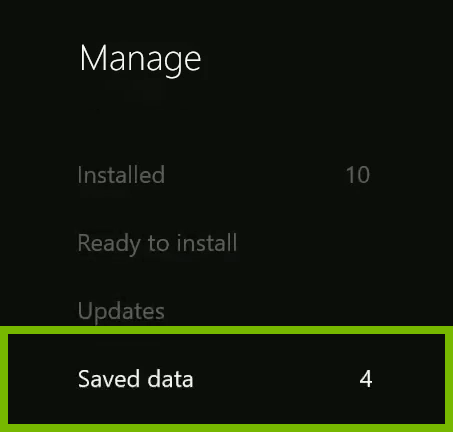 Saved data option highlighted in Xbox One menu.