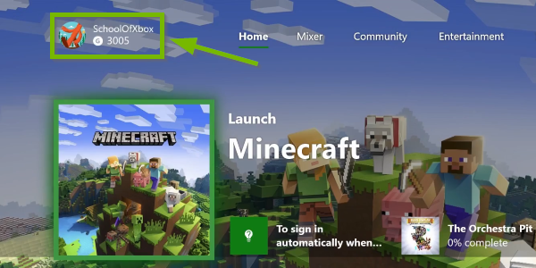 Gamerpic highlighted in the top left corner of the Xbox One home screen.