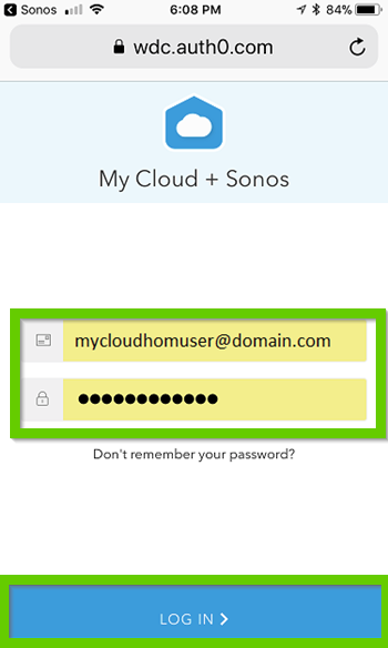 Sonos app showing the WD log on