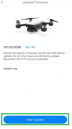 DJI app showing the start update button