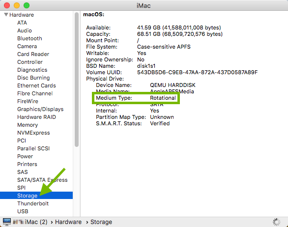 Storage pointed out and Media Type highlighted in Mac system report.