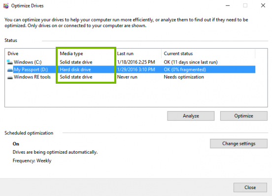 Media type column highlighted in Optimize Drives tool.