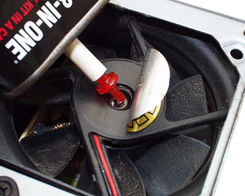 Dropping oil into fan bearing.