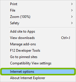 Settings menu with Internet Options highlighted.